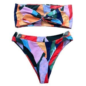 Multi Color Watercolor Print Bandeau Bow No‎ Bikini